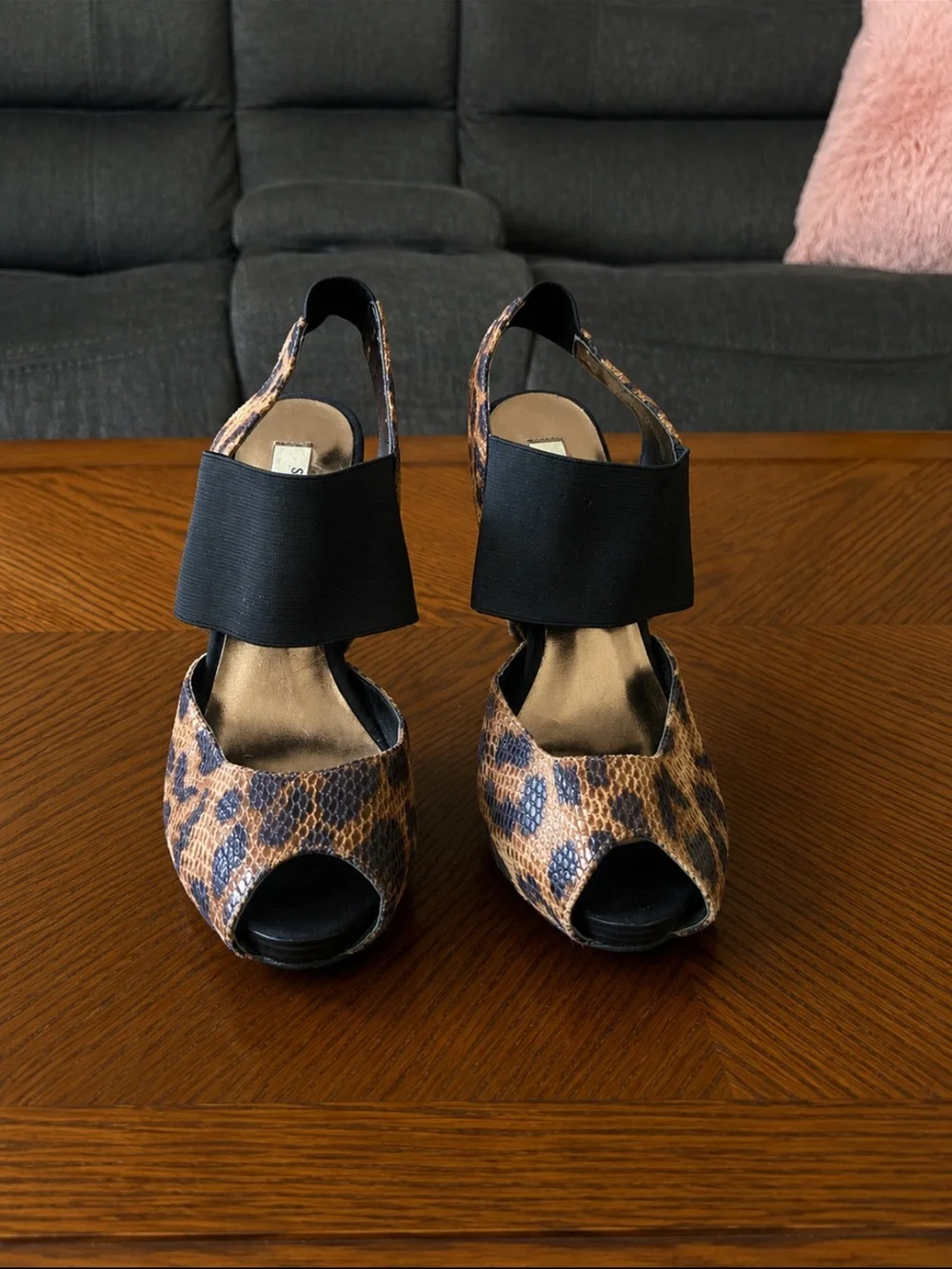 Simply Vera Vera Wang Leopard-Print Peep Toe Slingback Heels with Black Strap